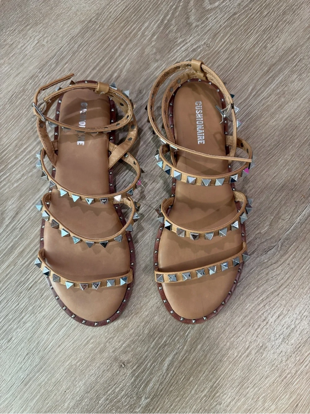 Cushionaire Tan Leather Studded Strappy Sandals